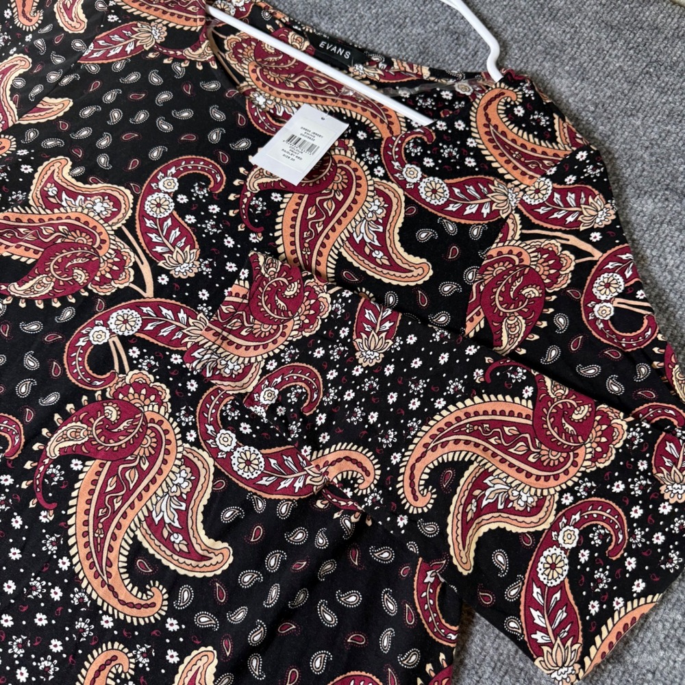EVANS Paisley‎ Print Jersey Swing Dress Red Black Size 20 Long Sleeve